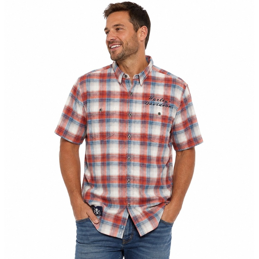 Harley Davidson Short Sleeve Button Up Plaid Shirt Large Cotton - Picture 1 of 11